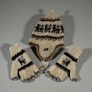 Alpaca design Beige and Black Knit Hat and Gloves Set